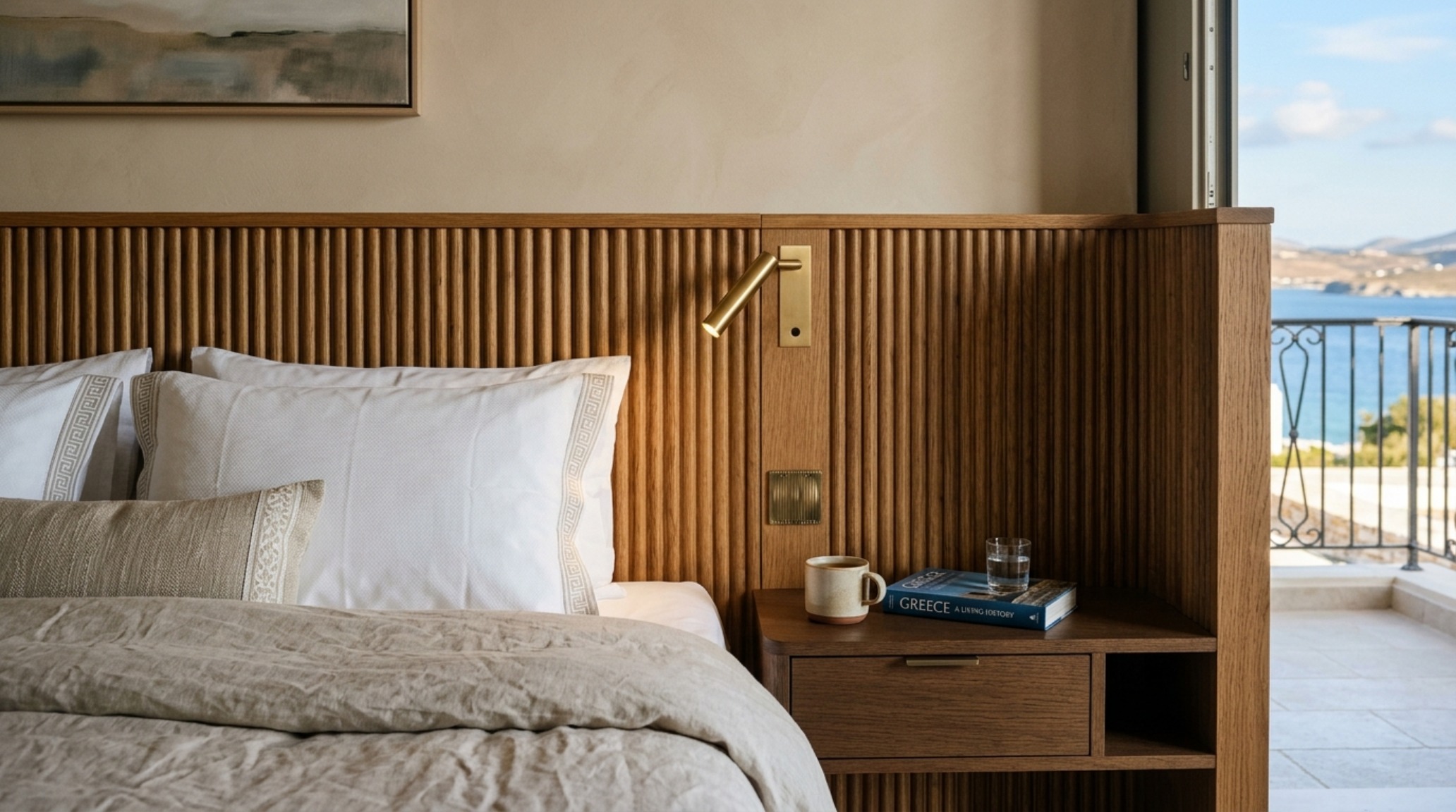 luxury hotel openings greece 2025 interior view of a multifunctional headboard system with integrated brass lighting and charging docks luxury hotel openings greece 2025 interior view of a multifunctional headboard system with integrated brass lighting and charging docks