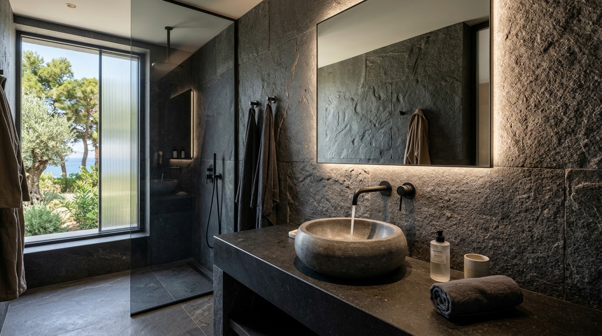 boutique hotels Athens Riviera 2026 bathroom design with matte black fixtures and honed basalt stone surfaces boutique hotels Athens Riviera 2026 bathroom design with matte black fixtures and honed basalt stone surfaces