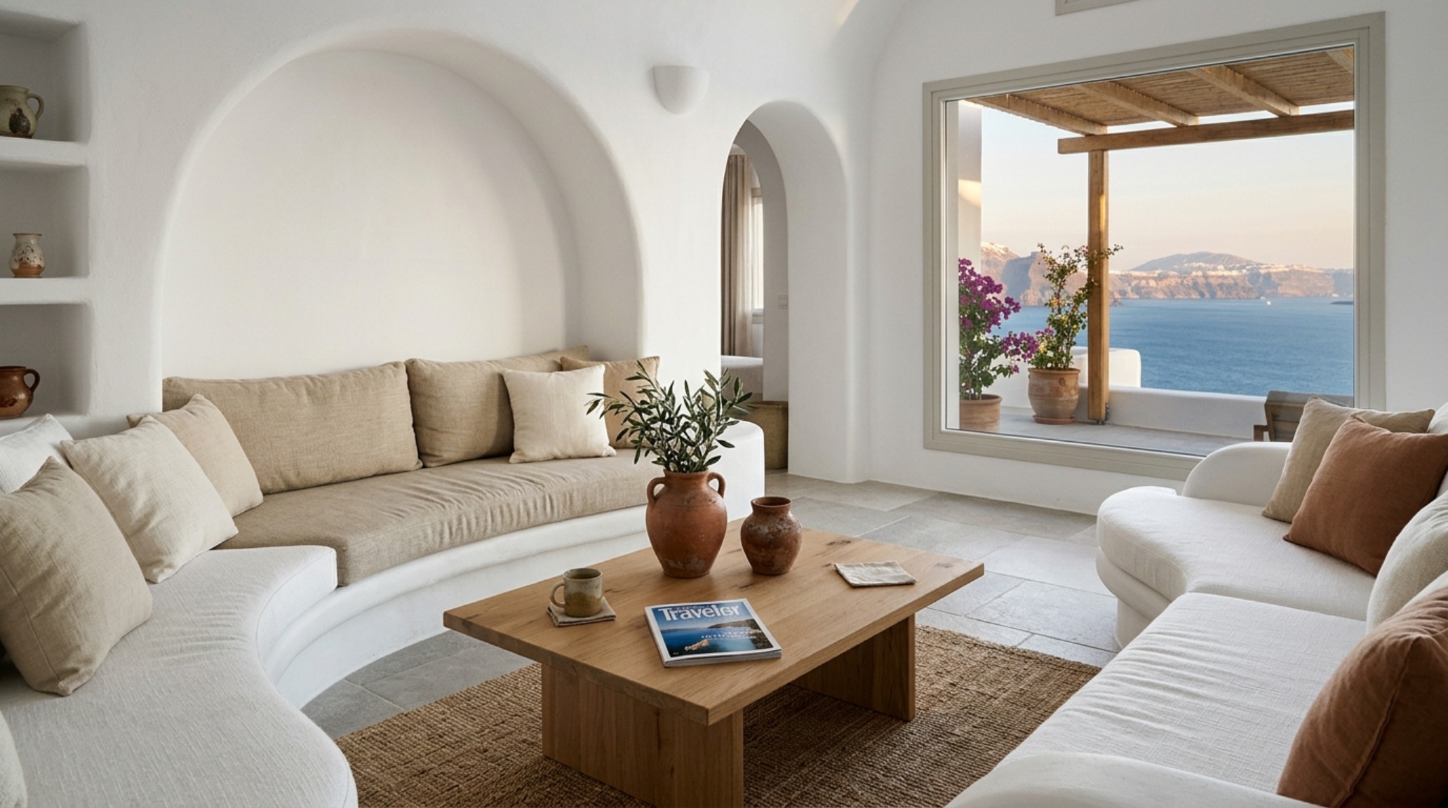 Cycladic minimalist interior design living area with organic-shaped built-in sofas and soft terracotta-toned accent pillows Cycladic minimalist interior design living area with organic-shaped built-in sofas and soft terracotta-toned accent pillows