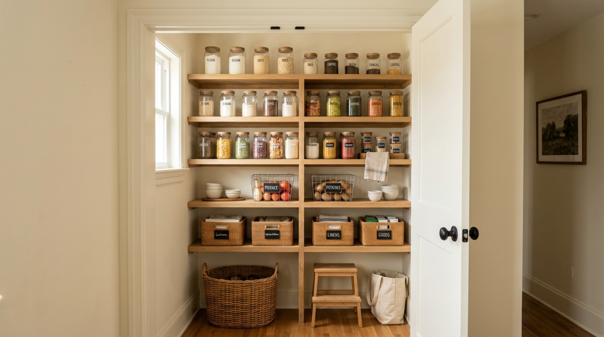 A meticulously organized small reach-in pantry with white oak floating shelves and decanted glass jars against a Benjamin Moore Swiss Coffee backdrop. A meticulously organized small reach-in pantry with white oak floating shelves and decanted glass jars against a Benjamin Moore Swiss Coffee backdrop.