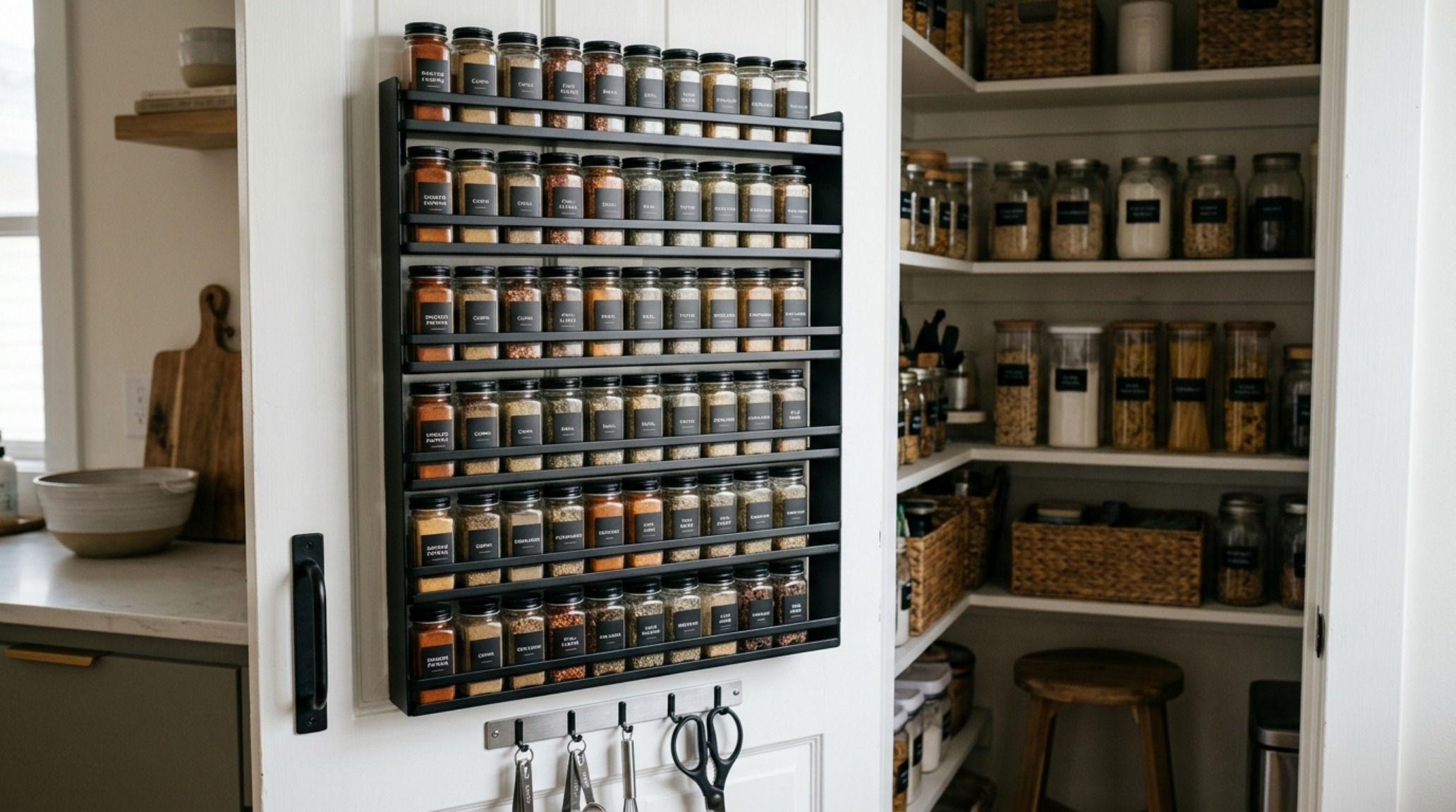 A custom spice rack solution on the back of a pantry door, using minimalist wire frames to maximize space in a small reach-in. A custom spice rack solution on the back of a pantry door, using minimalist wire frames to maximize space in a small reach-in.