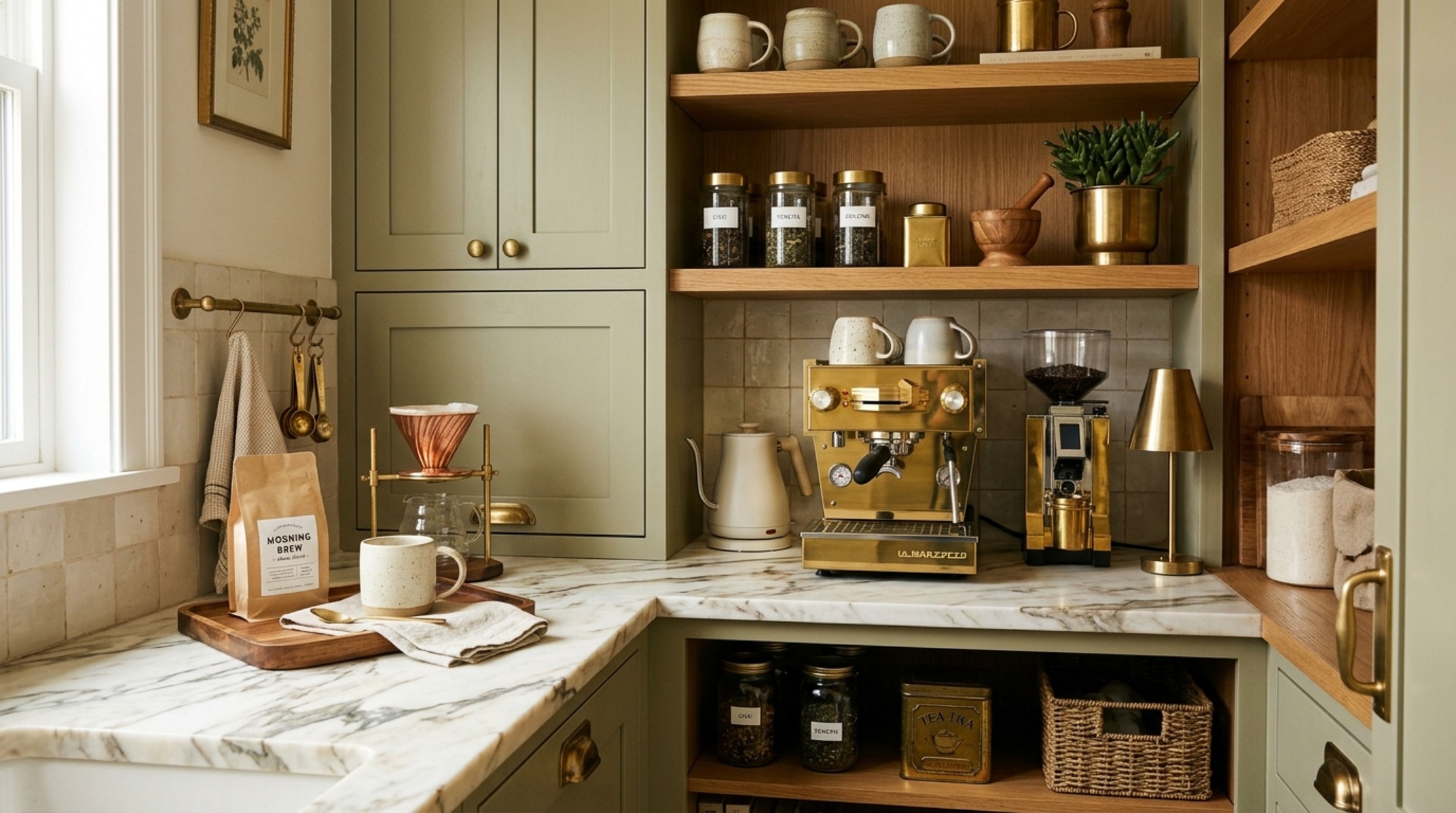 High-resolution detail of a coffee station within a pantry, featuring a honed travertine countertop and warm 2700K ambient lighting. High-resolution detail of a coffee station within a pantry, featuring a honed travertine countertop and warm 2700K ambient lighting.