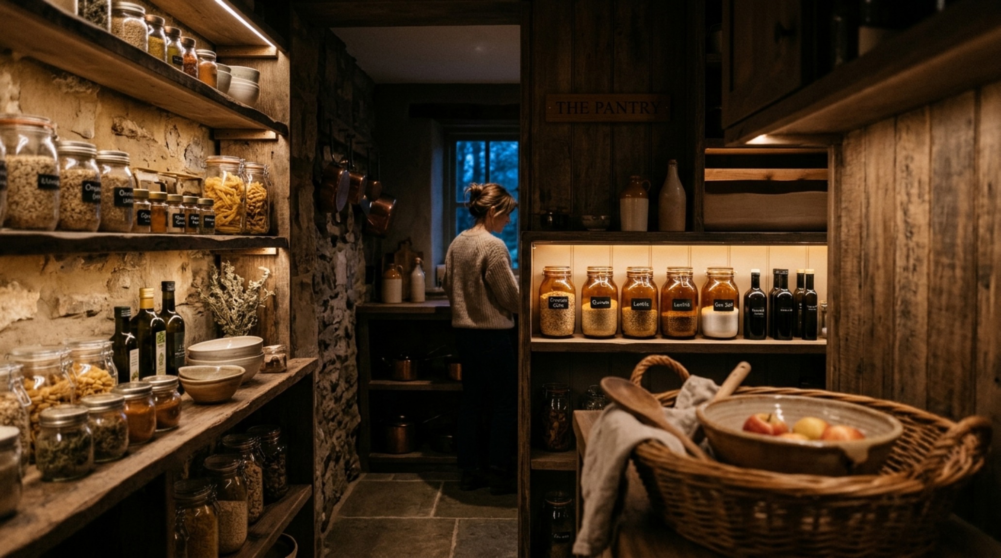 Atmospheric evening shot of a small pantry with soft diffused lighting, highlighting the curated 'decant-and-display' lifestyle. Atmospheric evening shot of a small pantry with soft diffused lighting, highlighting the curated 'decant-and-display' lifestyle.