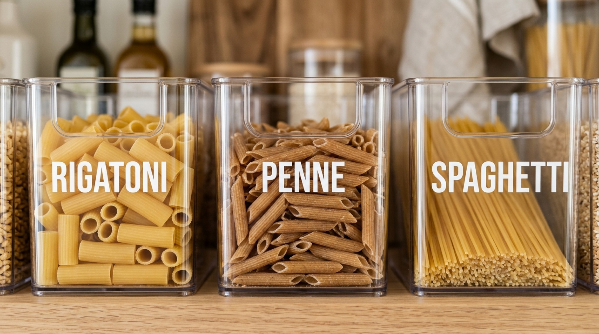 Macro detail of clear acrylic pantry storage bins with minimalist black labels, showcasing a uniform and modern organizational system. Macro detail of clear acrylic pantry storage bins with minimalist black labels, showcasing a uniform and modern organizational system.