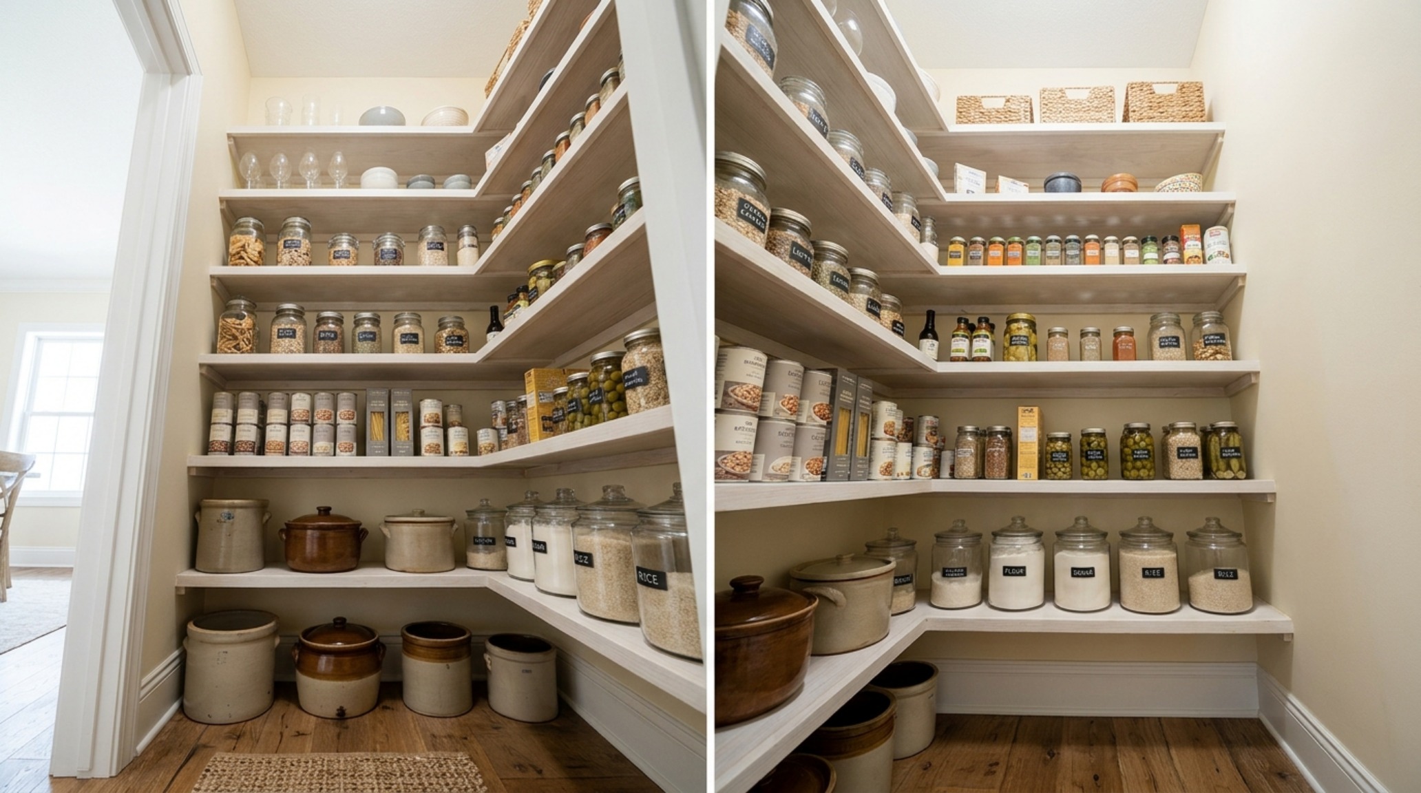 Vertical perspective of a small pantry layout showing zoning by frequency of use with heavy bulk items on the floor and lighter items at eye level. Vertical perspective of a small pantry layout showing zoning by frequency of use with heavy bulk items on the floor and lighter items at eye level.