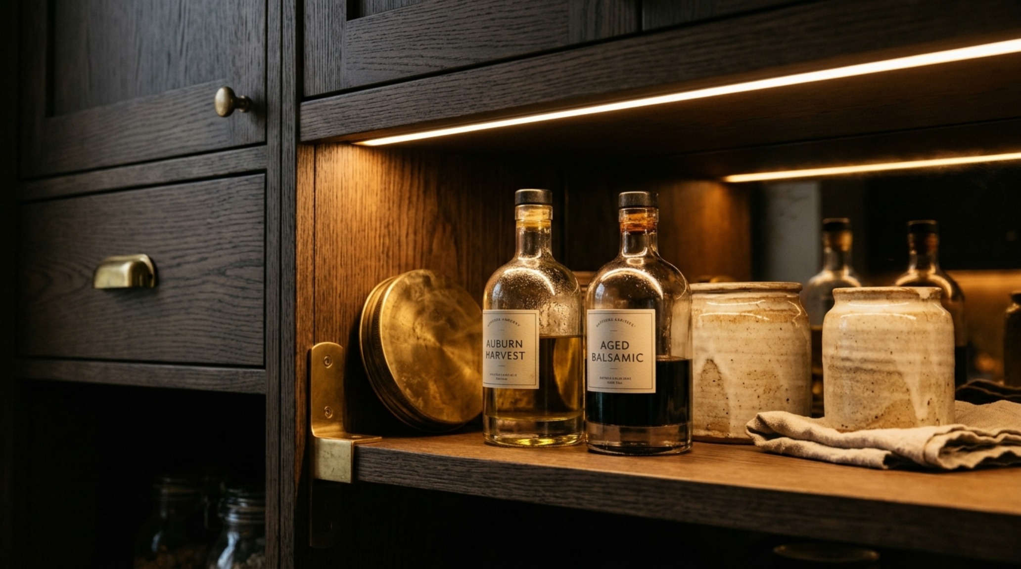 Close-up of under-shelf LED task lighting at 3000K illuminating artisanal olive oils and glass canisters in a high-end pantry. Close-up of under-shelf LED task lighting at 3000K illuminating artisanal olive oils and glass canisters in a high-end pantry.