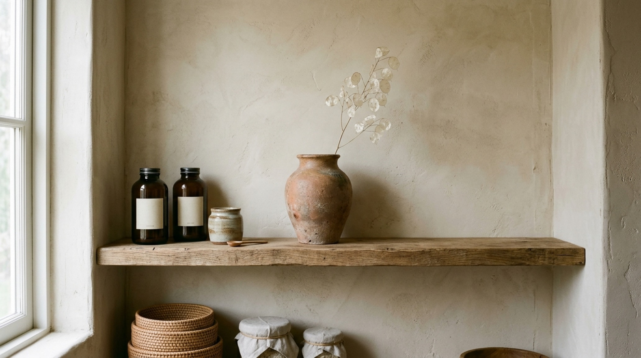 The 'Visual Rest' rule in action: a single shelf with negative space featuring a vintage stoneware crock and neutral linen accents. The 'Visual Rest' rule in action: a single shelf with negative space featuring a vintage stoneware crock and neutral linen accents.