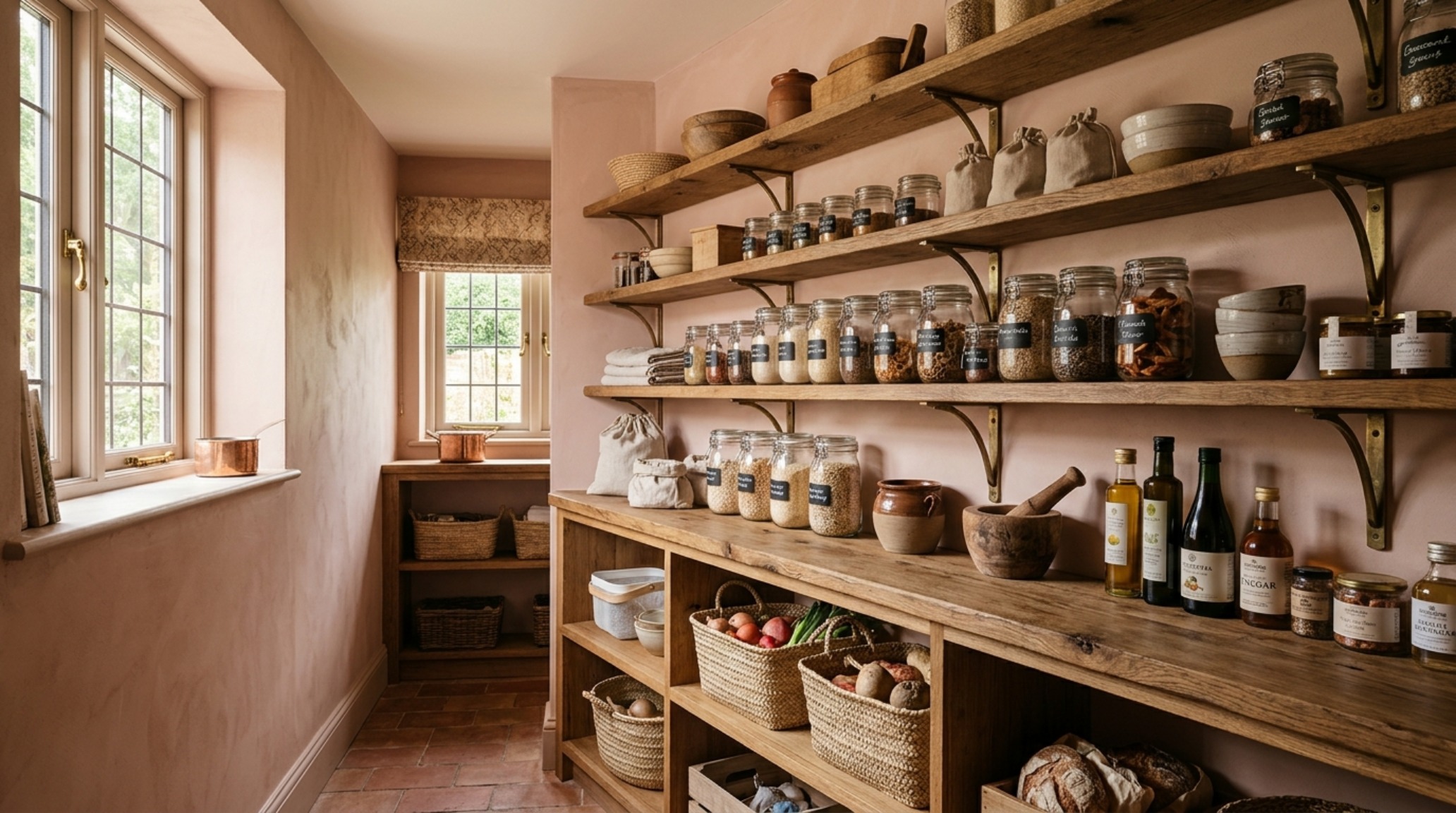 Architectural view of a small pantry's shadow play, utilizing Farrow & Ball Setting Plaster walls and aged brass hardware for a warm glow. Architectural view of a small pantry's shadow play, utilizing Farrow & Ball Setting Plaster walls and aged brass hardware for a warm glow.