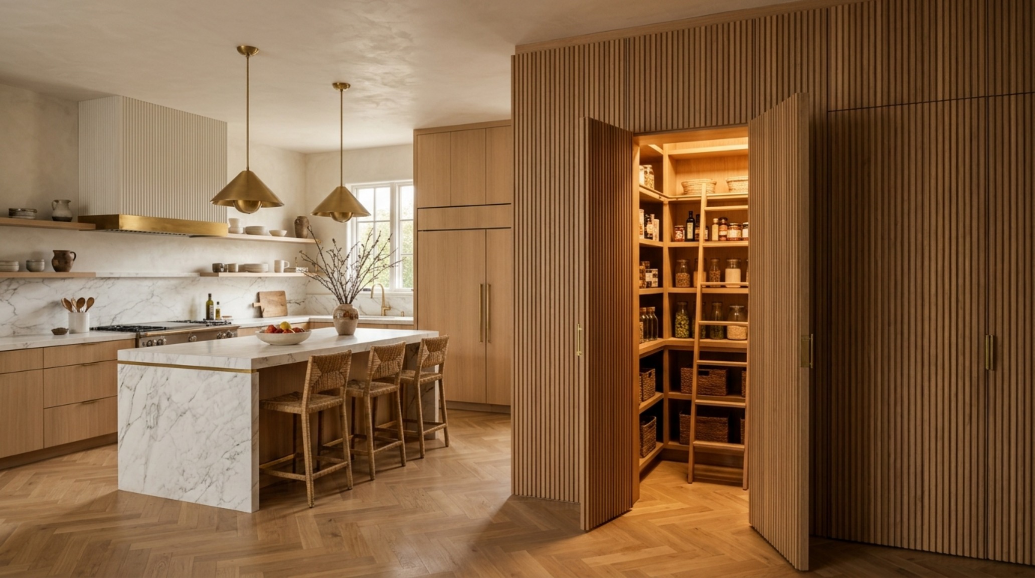 Wide shot of a Magnolia Home kitchen storage solution with fluted oak pantry doors and integrated lighting for a seamless scullery look. Wide shot of a Magnolia Home kitchen storage solution with fluted oak pantry doors and integrated lighting for a seamless scullery look.