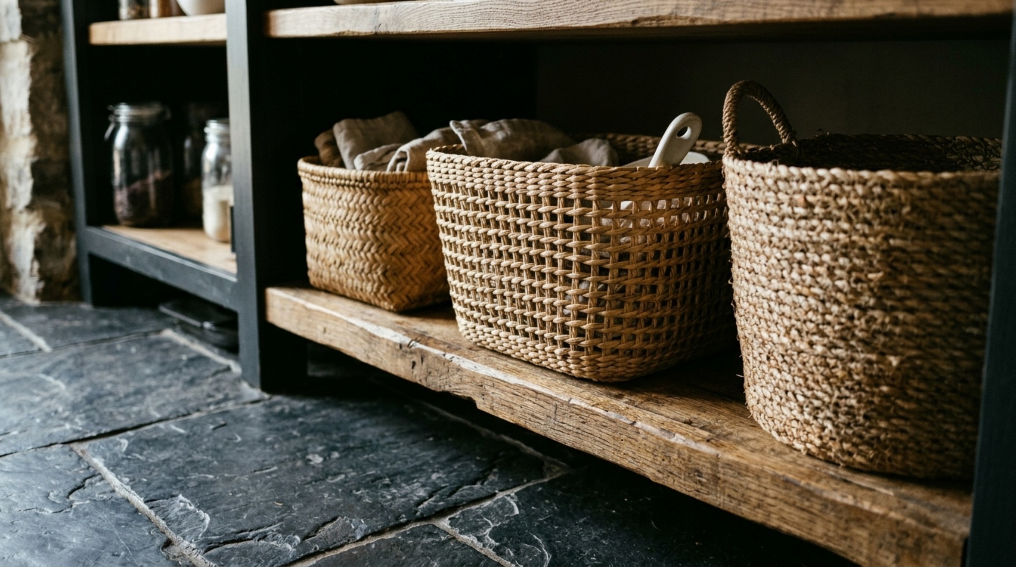 Hand-woven rattan baskets for vegetable storage on lower pantry shelves, providing tactile grounding and organic texture. Hand-woven rattan baskets for vegetable storage on lower pantry shelves, providing tactile grounding and organic texture.