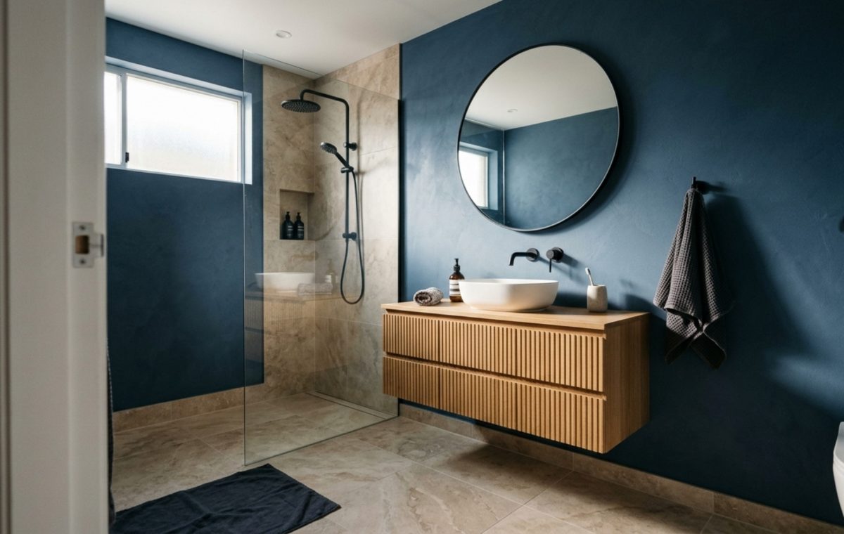 modern small bathroom layout with a 36-inch clear walkway and wall-mounted floating vanity in a deep denim blue finish