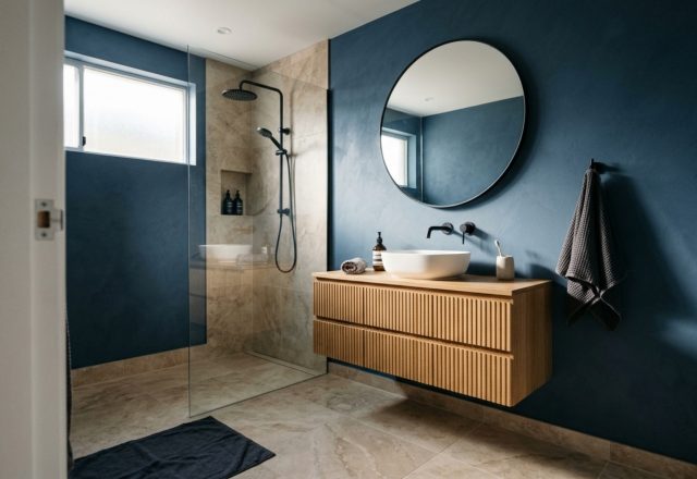 modern small bathroom layout with a 36-inch clear walkway and wall-mounted floating vanity in a deep denim blue finish