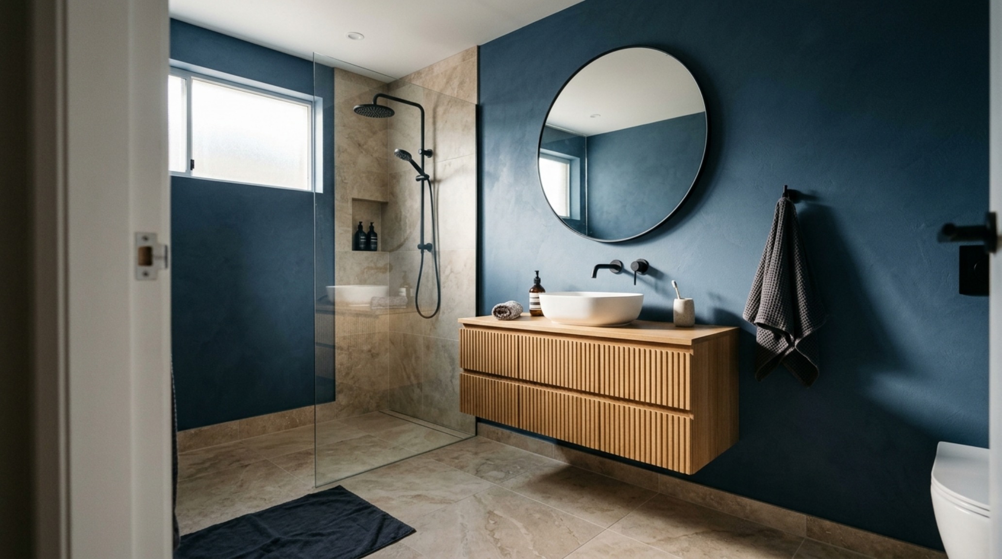 modern small bathroom layout with a 36-inch clear walkway and wall-mounted floating vanity in a deep denim blue finish modern small bathroom layout with a 36-inch clear walkway and wall-mounted floating vanity in a deep denim blue finish