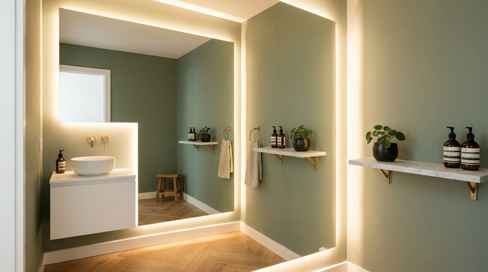 how to make a small bathroom look bigger using a floor-to-ceiling backlit mirror and soft sage green walls to create perceived depth how to make a small bathroom look bigger using a floor-to-ceiling backlit mirror and soft sage green walls to create perceived depth