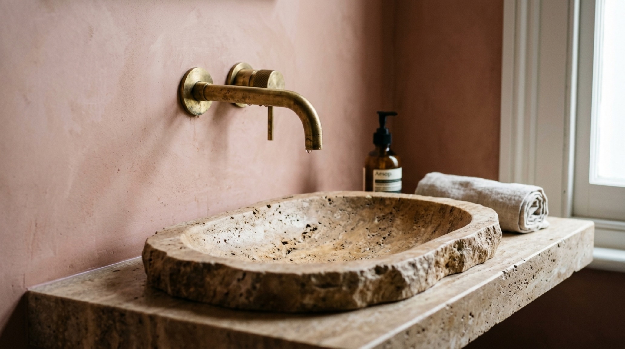 space-saving bathroom fixtures including a wall-mounted brass faucet and a slender 15-inch depth travertine vessel sink space-saving bathroom fixtures including a wall-mounted brass faucet and a slender 15-inch depth travertine vessel sink