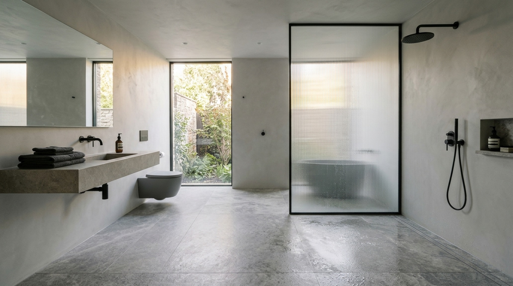 wet room conversion ideas featuring a curbless shower entry with linear wall drain and a reeded glass partition panel wet room conversion ideas featuring a curbless shower entry with linear wall drain and a reeded glass partition panel