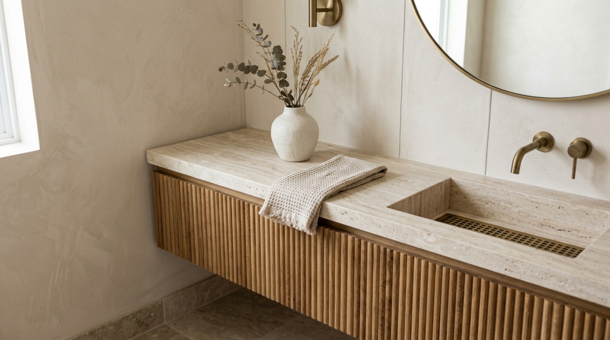 compact vanity design trends showcasing a fluted white oak cabinet with an integrated honed travertine stone countertop compact vanity design trends showcasing a fluted white oak cabinet with an integrated honed travertine stone countertop