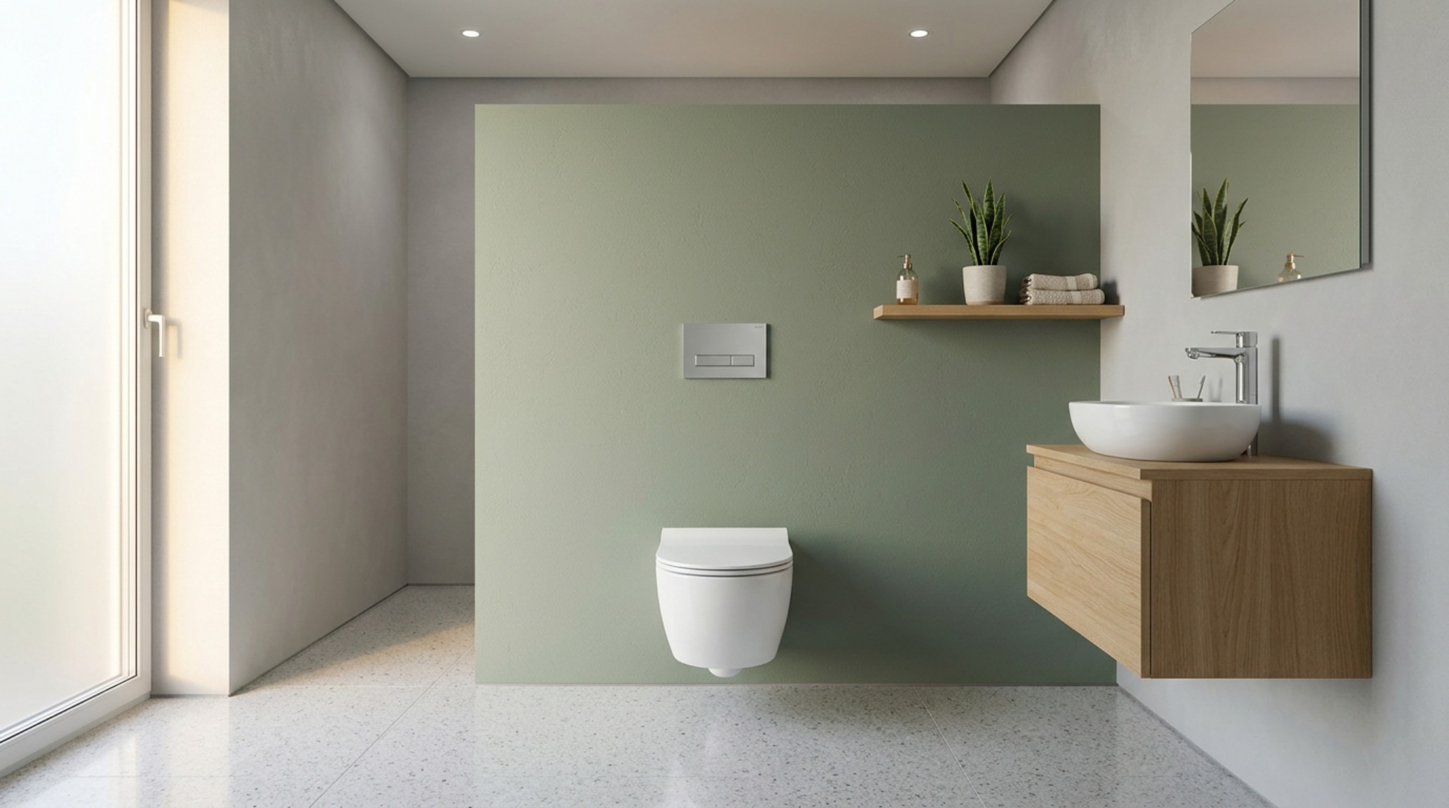 space-saving bathroom fixtures featuring a wall-hung toilet with a concealed in-wall tank to maximize floor plane visibility space-saving bathroom fixtures featuring a wall-hung toilet with a concealed in-wall tank to maximize floor plane visibility