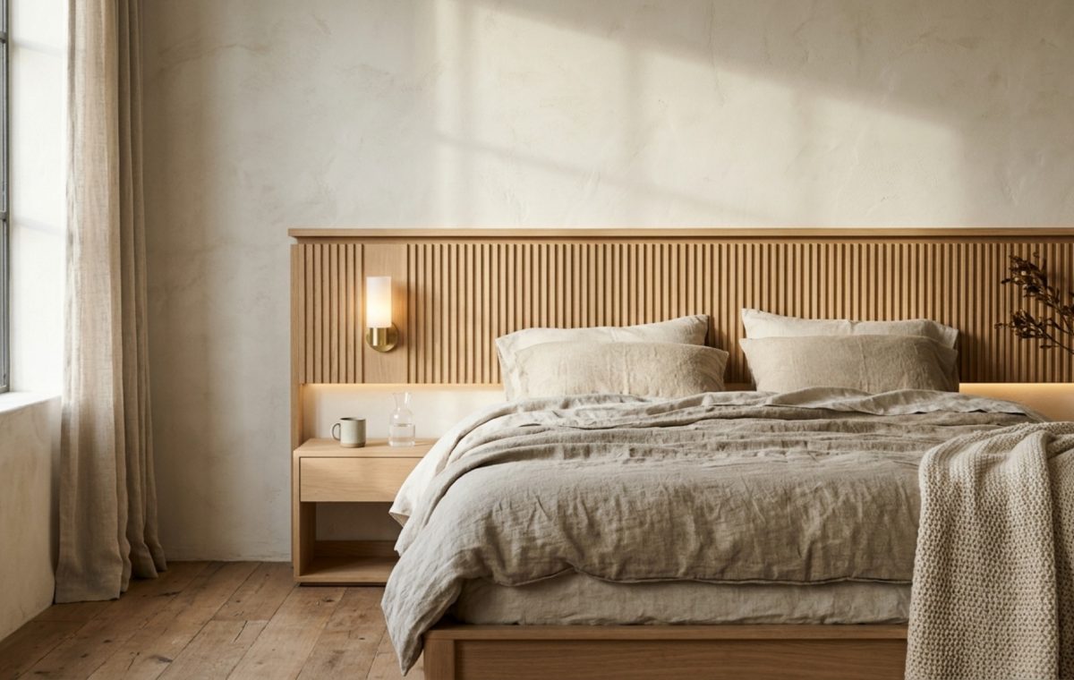 bright bedroom color ideas featuring a lime-washed wall in Benjamin Moore Swiss Coffee with a custom fluted white oak headboard and recessed 2700K warm LED lighting