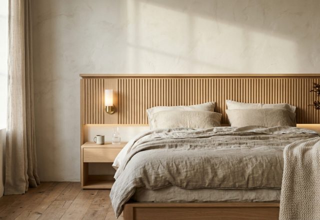 bright bedroom color ideas featuring a lime-washed wall in Benjamin Moore Swiss Coffee with a custom fluted white oak headboard and recessed 2700K warm LED lighting