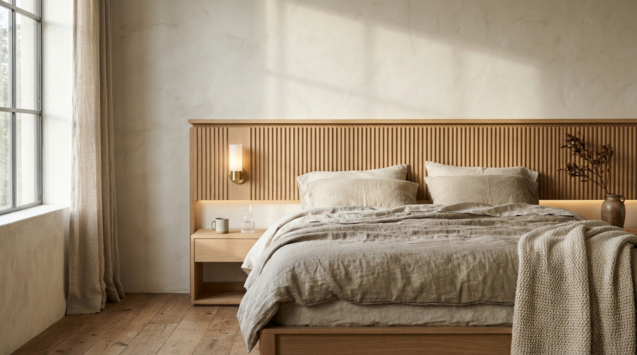 bright bedroom color ideas featuring a lime-washed wall in Benjamin Moore Swiss Coffee with a custom fluted white oak headboard and recessed 2700K warm LED lighting bright bedroom color ideas featuring a lime-washed wall in Benjamin Moore Swiss Coffee with a custom fluted white oak headboard and recessed 2700K warm LED lighting