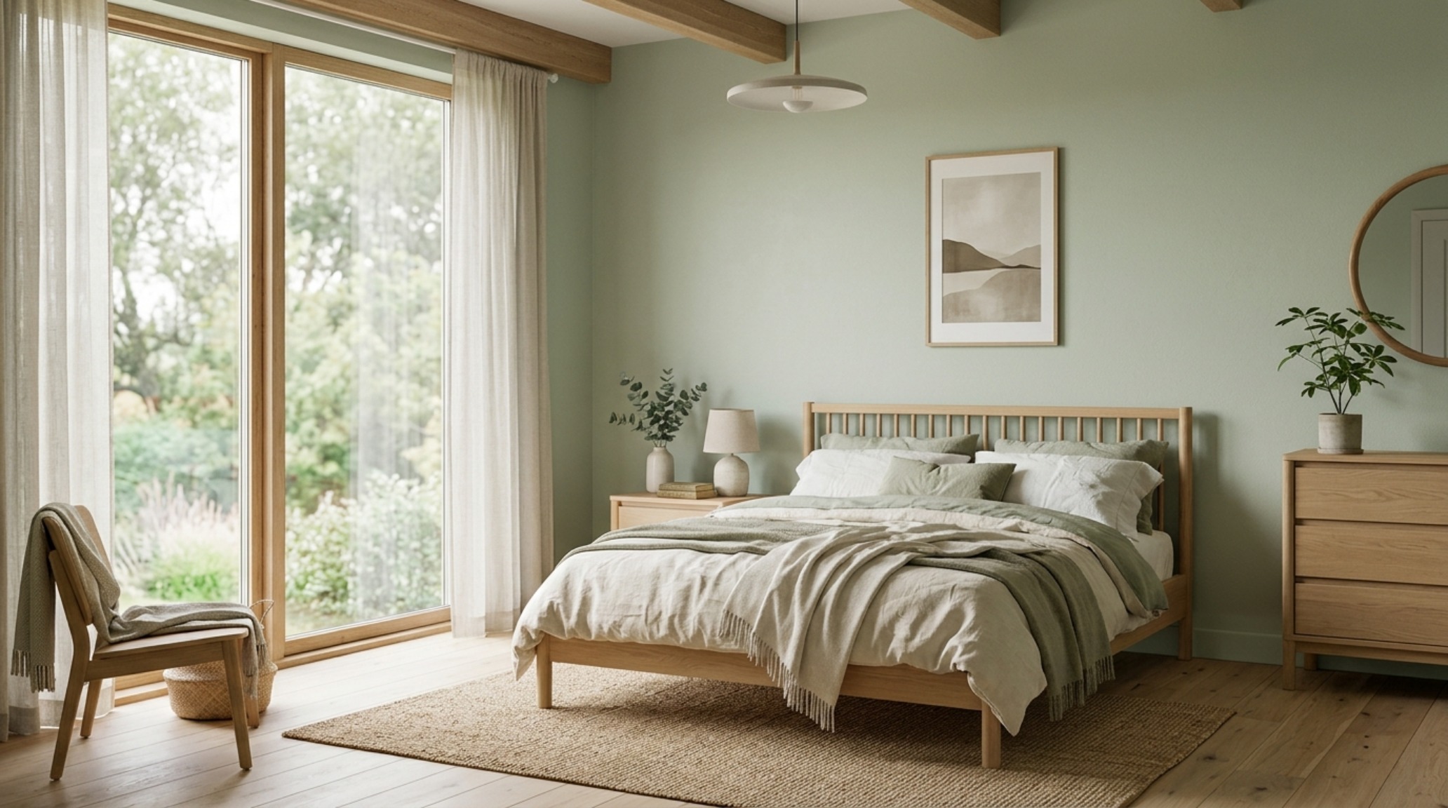 energizing bedroom aesthetics with a subtle sage green accent wall that provides depth while maintaining a high light reflectance value for a balanced atmosphere energizing bedroom aesthetics with a subtle sage green accent wall that provides depth while maintaining a high light reflectance value for a balanced atmosphere
