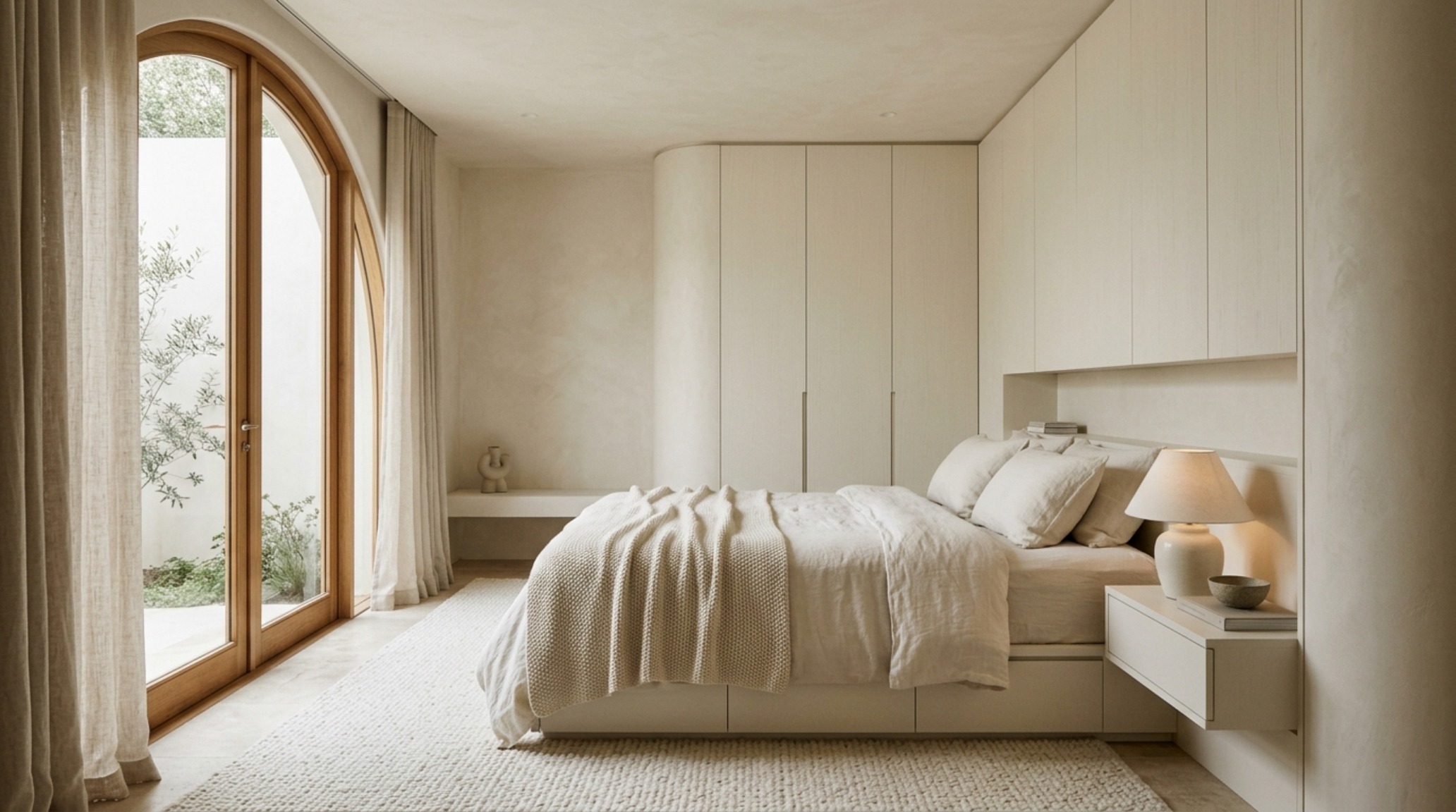 bright bedroom color ideas showcasing a monochromatic ivory suite with integrated push-to-open cabinetry and concealed storage for a clutter-free environment bright bedroom color ideas showcasing a monochromatic ivory suite with integrated push-to-open cabinetry and concealed storage for a clutter-free environment