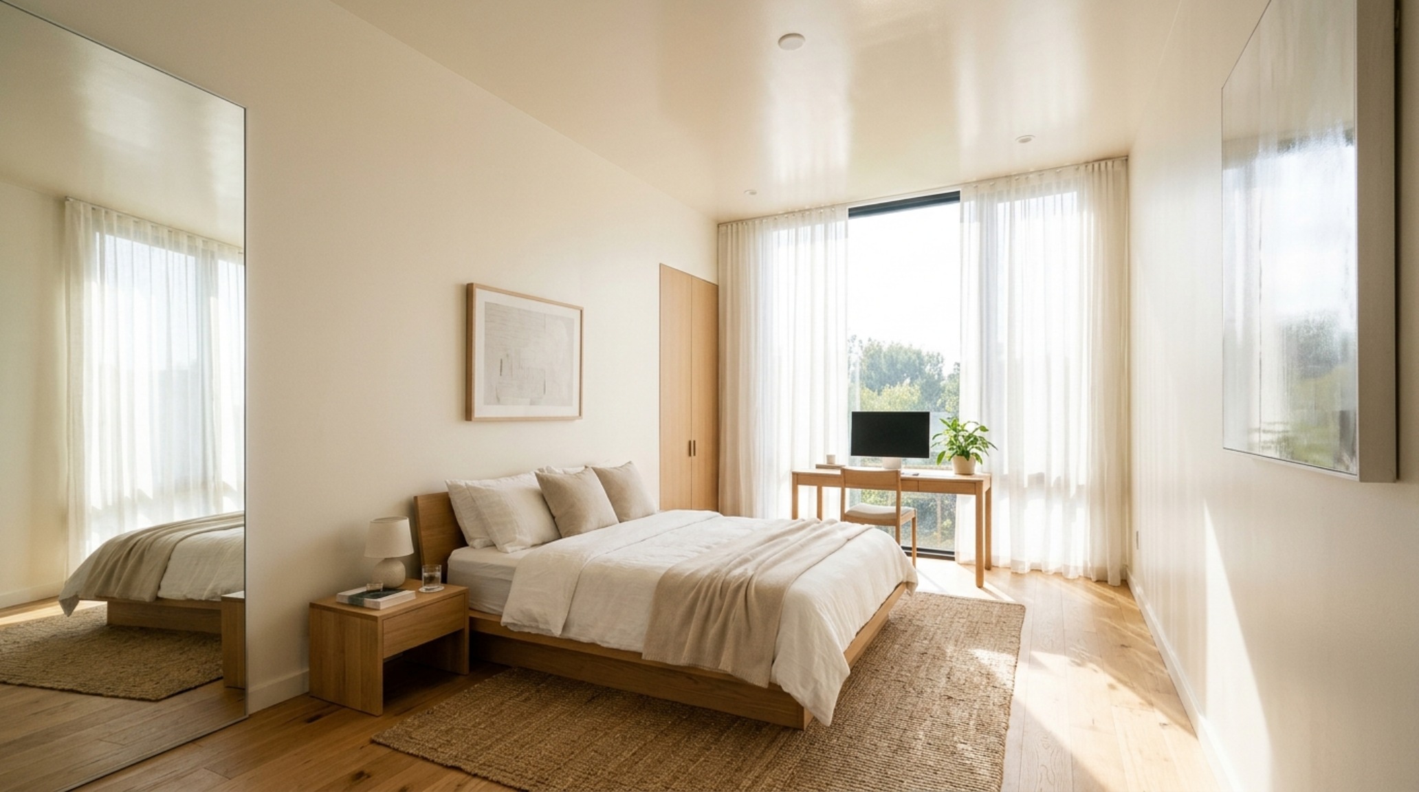 natural light optimization in a small corner bedroom using sheer linen drapes and a high-LRV satin ceiling finish to bounce morning sunlight across the floor plane natural light optimization in a small corner bedroom using sheer linen drapes and a high-LRV satin ceiling finish to bounce morning sunlight across the floor plane