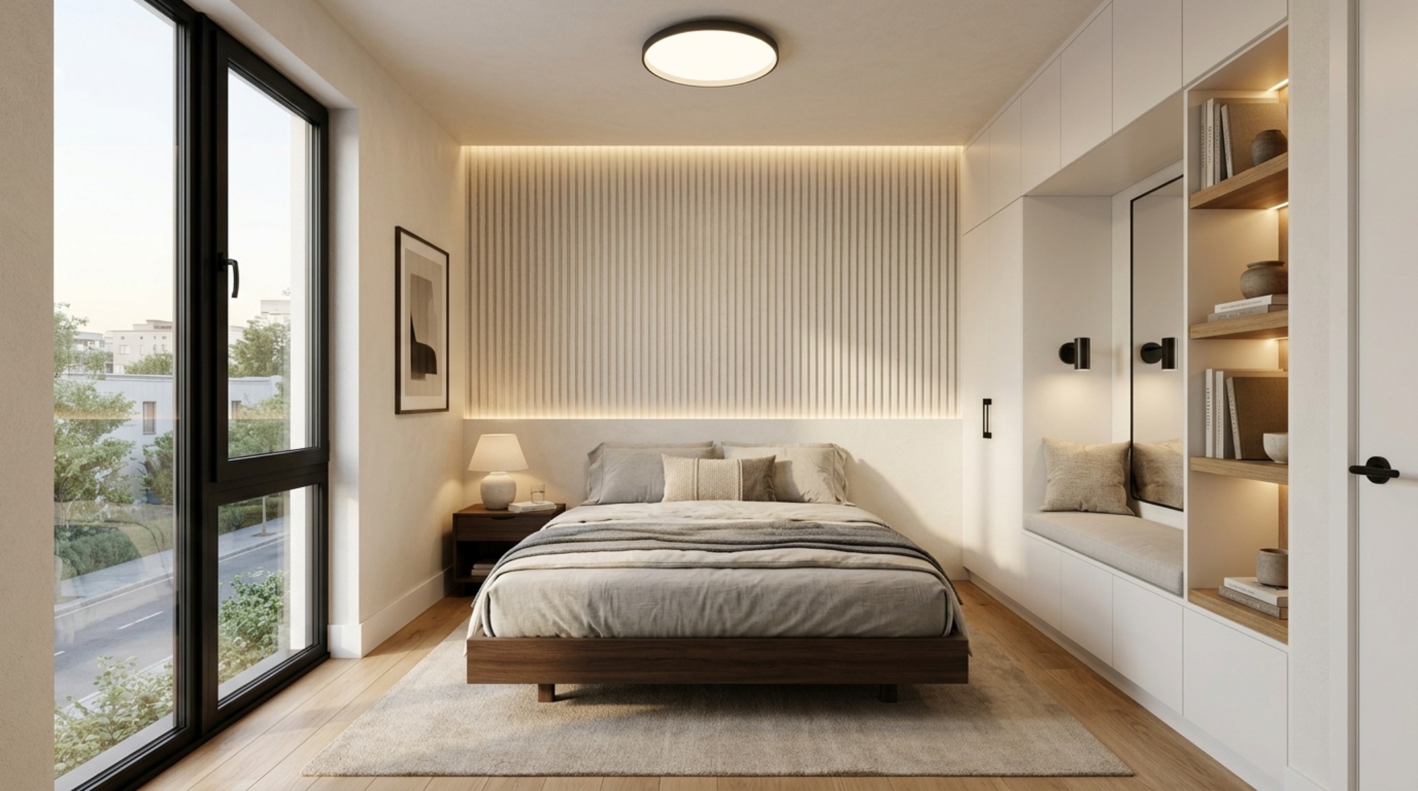 energizing bedroom aesthetics showcasing a low-profile platform bed with acrylic legs to maintain 36-inch walkway clearances and a feeling of airy floor continuity energizing bedroom aesthetics showcasing a low-profile platform bed with acrylic legs to maintain 36-inch walkway clearances and a feeling of airy floor continuity