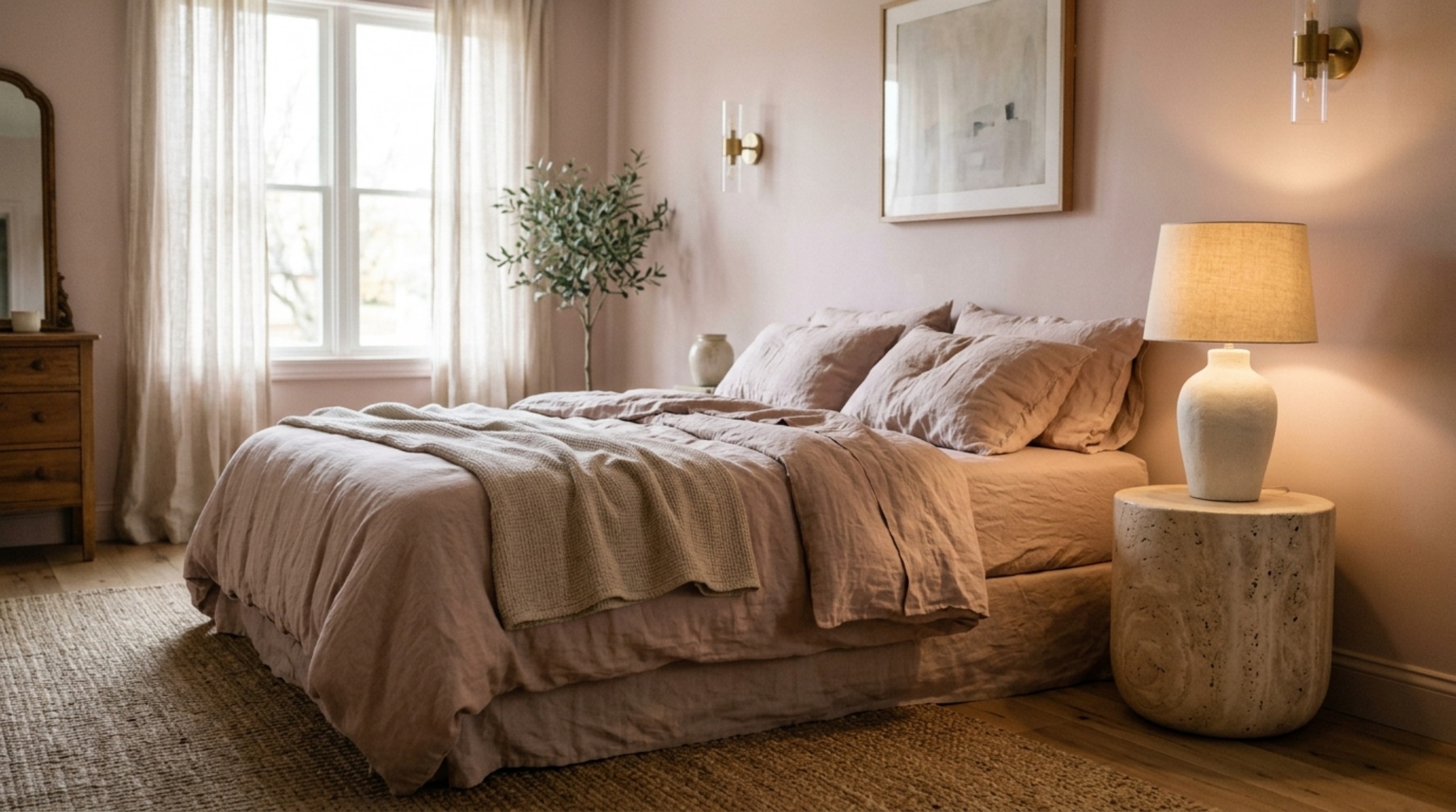 pastel bedroom decor trends featuring Farrow & Ball Setting Plaster walls paired with a honed travertine nightstand and raw Belgian linen bedding pastel bedroom decor trends featuring Farrow & Ball Setting Plaster walls paired with a honed travertine nightstand and raw Belgian linen bedding