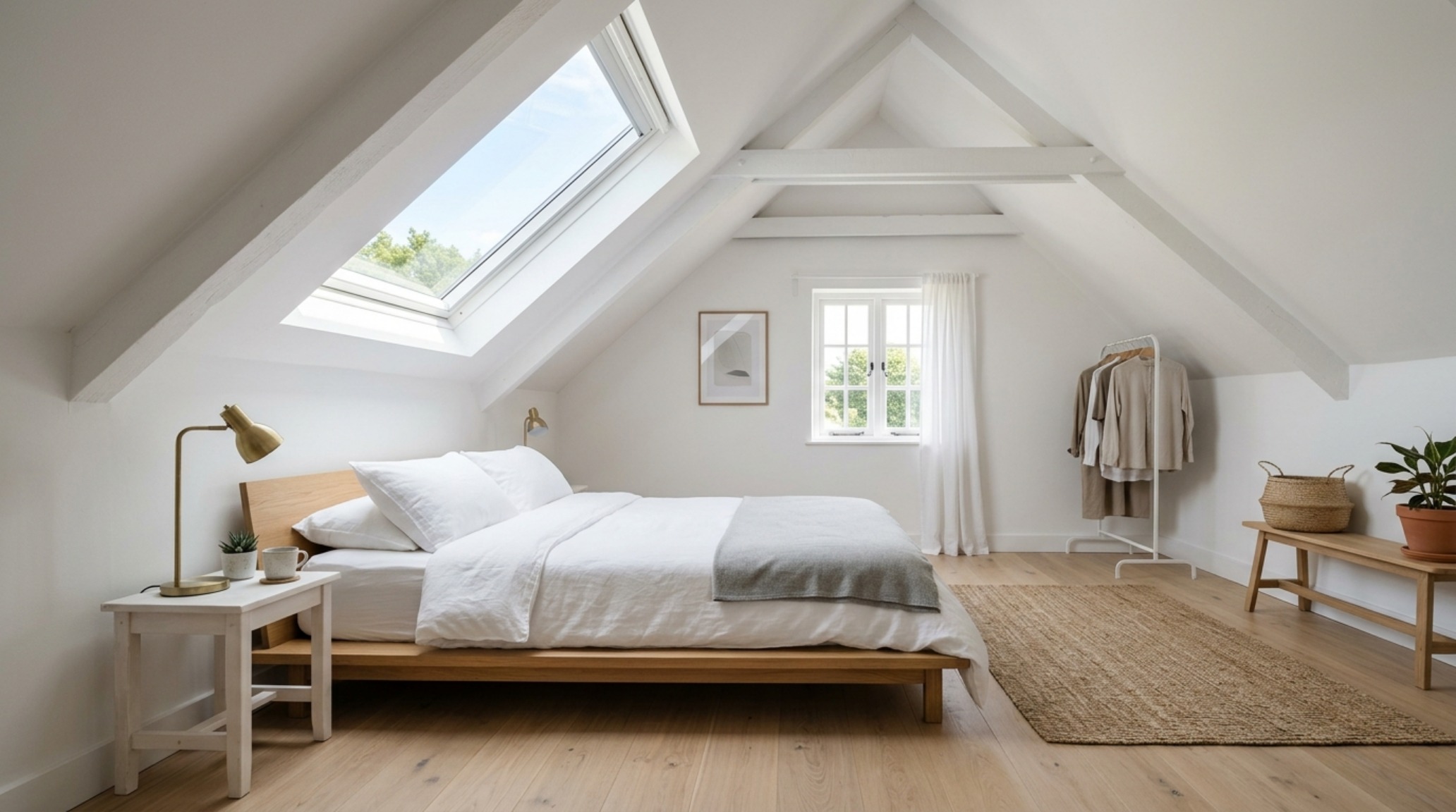 bright bedroom color ideas utilizing a soft-focus Cloud White palette to eliminate visual noise in a small attic bedroom with architectural skylights bright bedroom color ideas utilizing a soft-focus Cloud White palette to eliminate visual noise in a small attic bedroom with architectural skylights