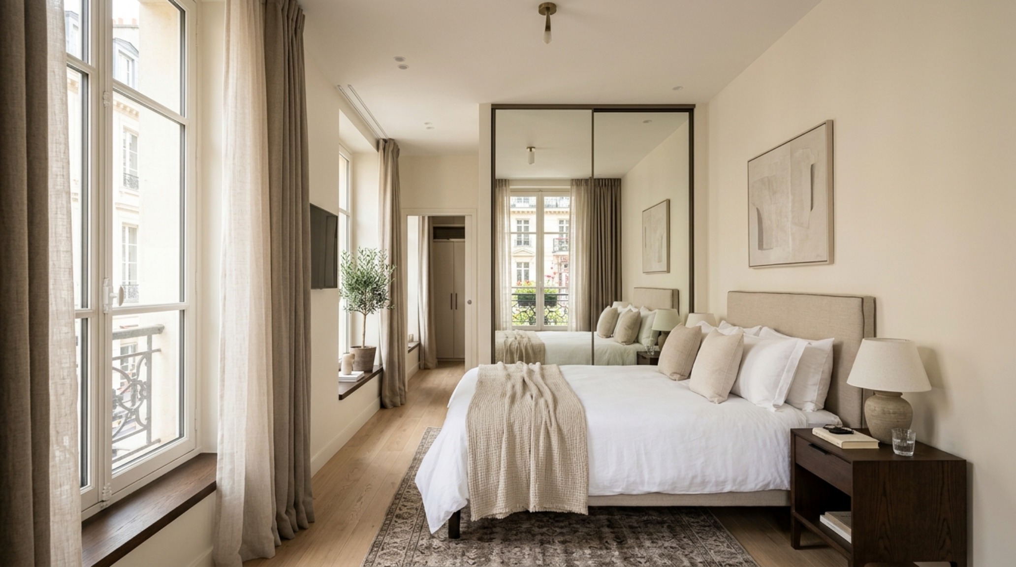 natural light optimization with a large floor-to-ceiling mirror positioned to reflect a window view, doubling the perceived spatial volume of a narrow room natural light optimization with a large floor-to-ceiling mirror positioned to reflect a window view, doubling the perceived spatial volume of a narrow room