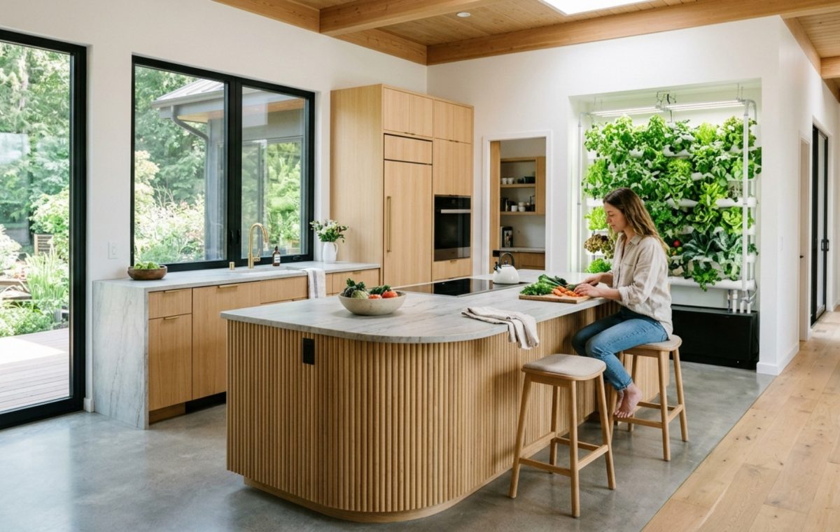 net-zero home floor plans showcasing a high-performance kitchen with 42-inch aisles, fluted white oak cabinetry, and integrated indoor herb wall under natural 3000K task lighting.
