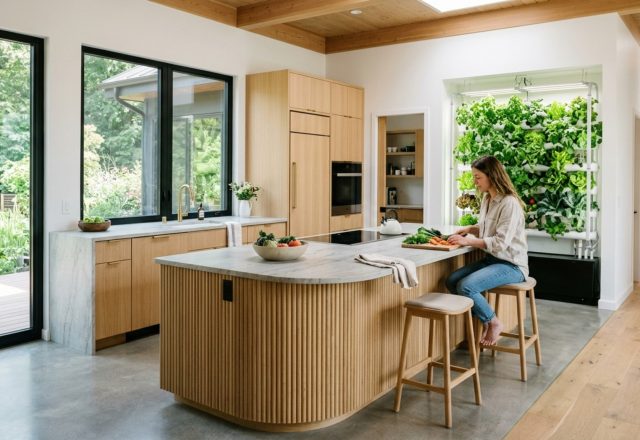 net-zero home floor plans showcasing a high-performance kitchen with 42-inch aisles, fluted white oak cabinetry, and integrated indoor herb wall under natural 3000K task lighting.