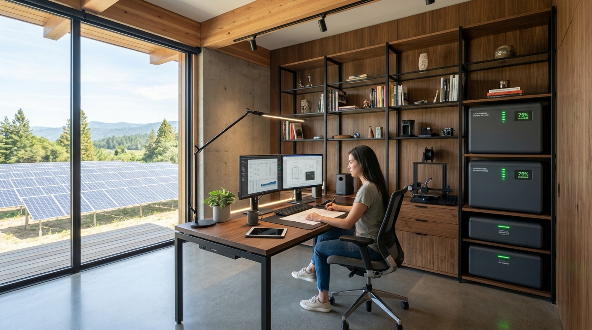 autonomous living design seen through a home office layout with integrated solar battery storage units hidden behind bespoke millwork. autonomous living design seen through a home office layout with integrated solar battery storage units hidden behind bespoke millwork.