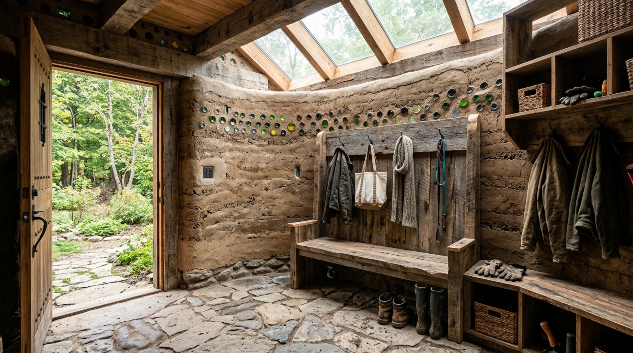 earthship construction techniques used in a transitional entry space with thick masonry walls and curated tactile materials like honed travertine. earthship construction techniques used in a transitional entry space with thick masonry walls and curated tactile materials like honed travertine.