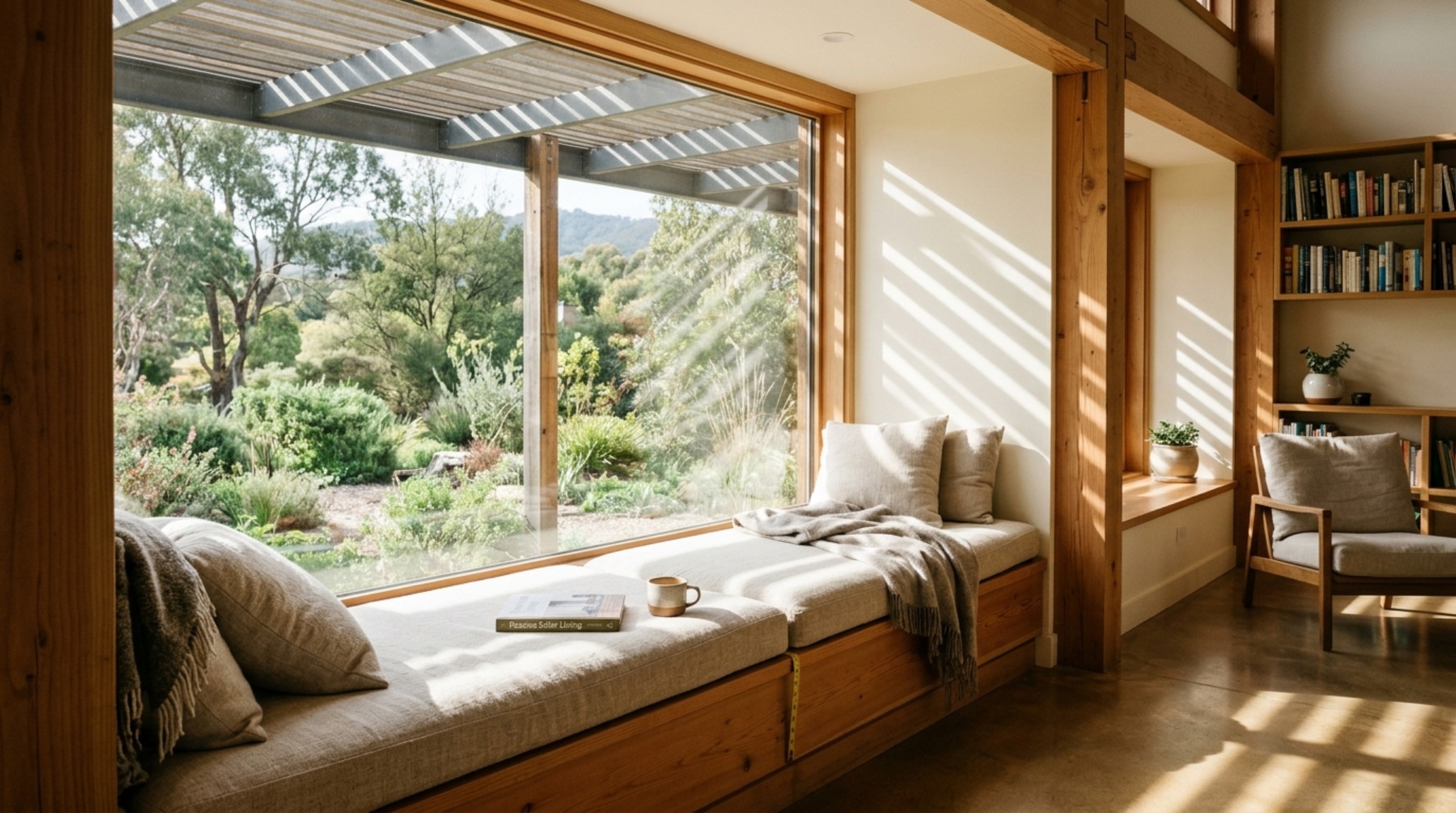 passive solar house design highlighting deep southern-facing window eaves and a 24-inch deep window seat reflecting soft morning light. passive solar house design highlighting deep southern-facing window eaves and a 24-inch deep window seat reflecting soft morning light.