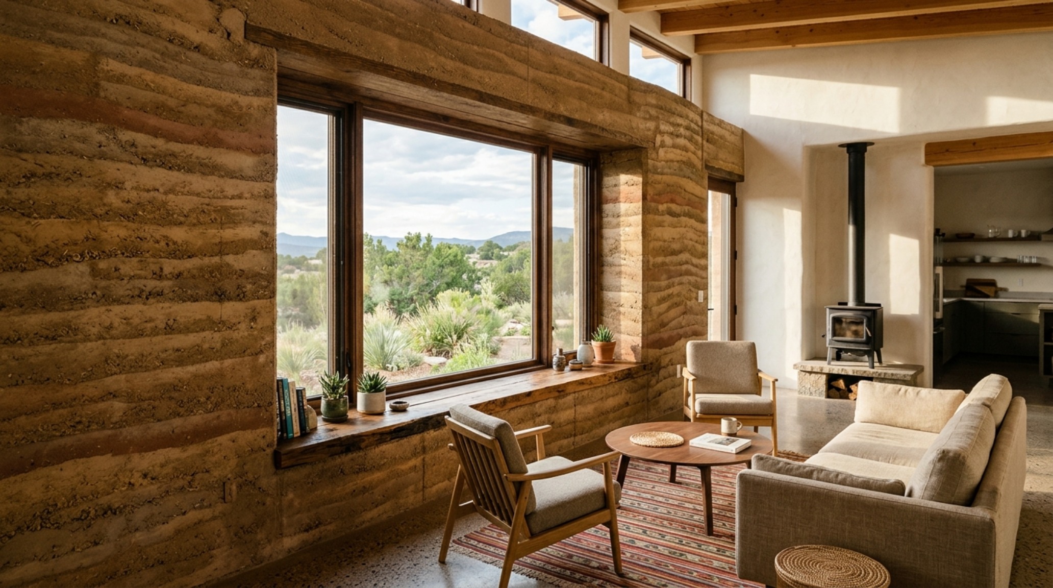 earthship construction techniques modernised with rammed-earth feature walls, deep window reveals, and high-performance glass in a primary living area. earthship construction techniques modernised with rammed-earth feature walls, deep window reveals, and high-performance glass in a primary living area.