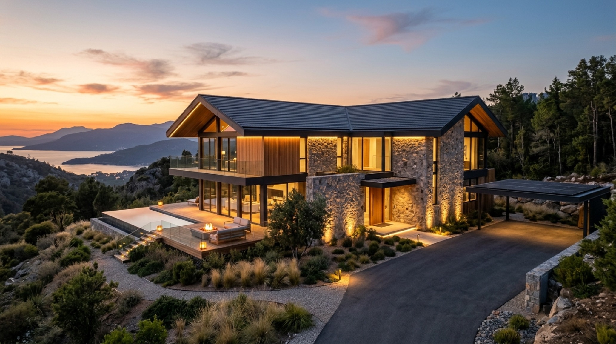 energy independent luxury architecture showing an exterior view of a solar-integrated roofline and high-performance facade during the golden hour. energy independent luxury architecture showing an exterior view of a solar-integrated roofline and high-performance facade during the golden hour.