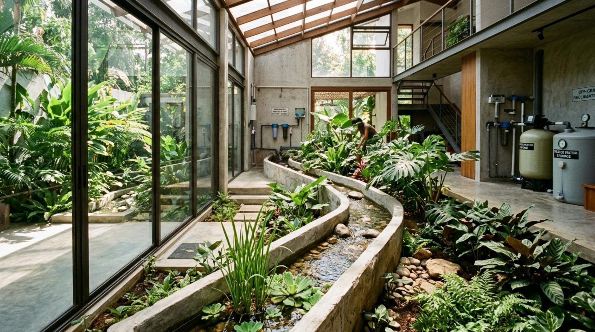off-grid water reclamation systems feeding a lush internal courtyard garden through a visible architectural channel in a modern home entry. off-grid water reclamation systems feeding a lush internal courtyard garden through a visible architectural channel in a modern home entry.