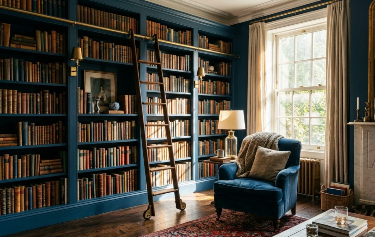 A stunning West Village living room featuring Alexander Reid new york apartment decor ideas with floor-to-ceiling custom library shelving in deep navy, styled with vintage books and brass accents.