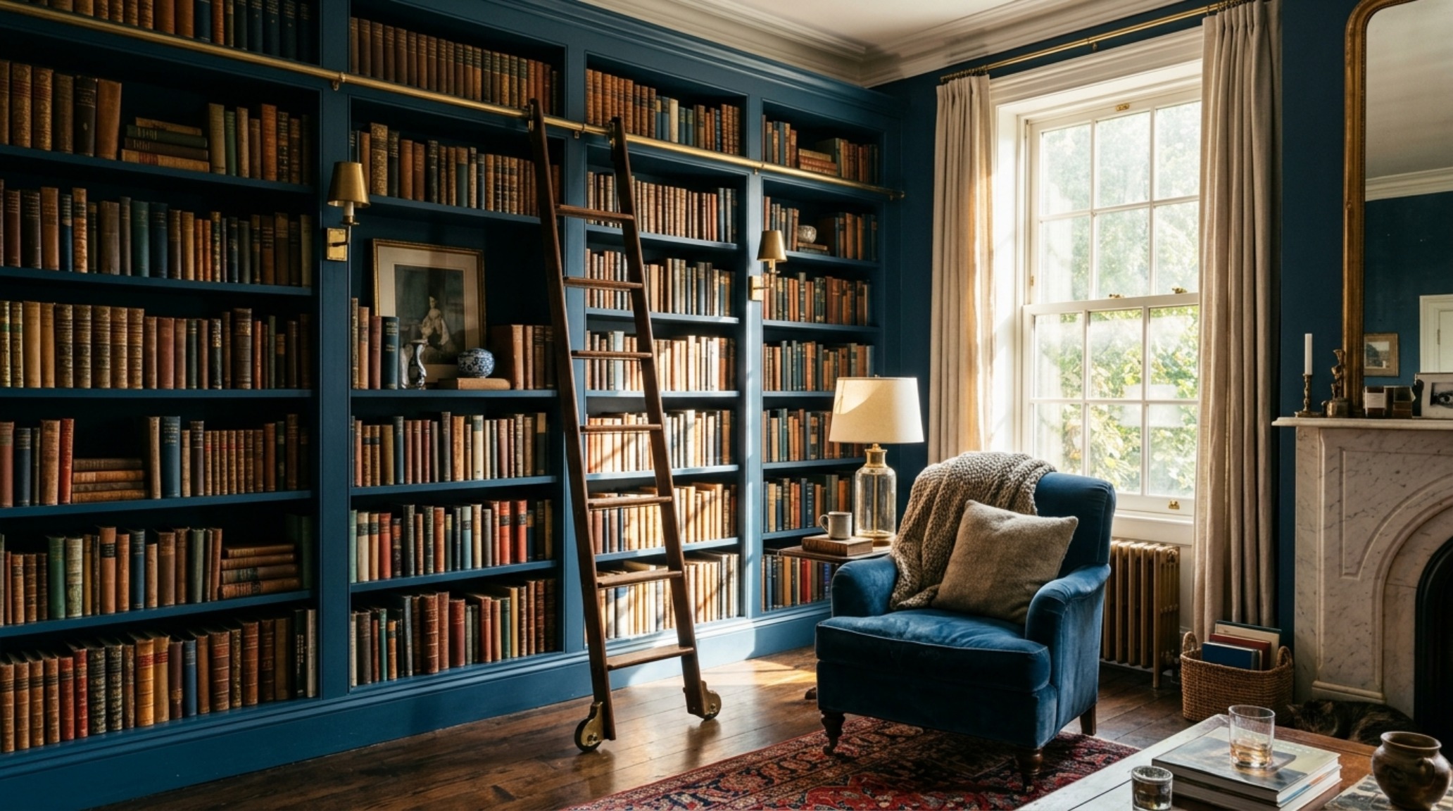 A stunning West Village living room featuring Alexander Reid new york apartment decor ideas with floor-to-ceiling custom library shelving in deep navy, styled with vintage books and brass accents. A stunning West Village living room featuring Alexander Reid new york apartment decor ideas with floor-to-ceiling custom library shelving in deep navy, styled with vintage books and brass accents.