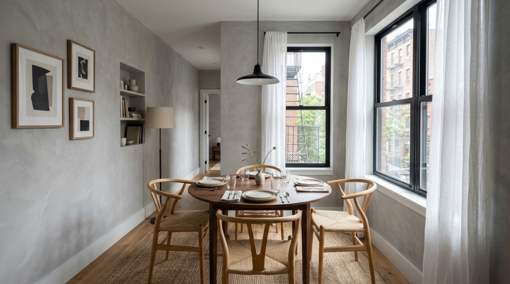 Ergonomic small-space dining area with a round walnut table, 30-inch chair clearance, and a modern brass chandelier in a moody West Village apartment designed by Alexander Reid. Ergonomic small-space dining area with a round walnut table, 30-inch chair clearance, and a modern brass chandelier in a moody West Village apartment designed by Alexander Reid.