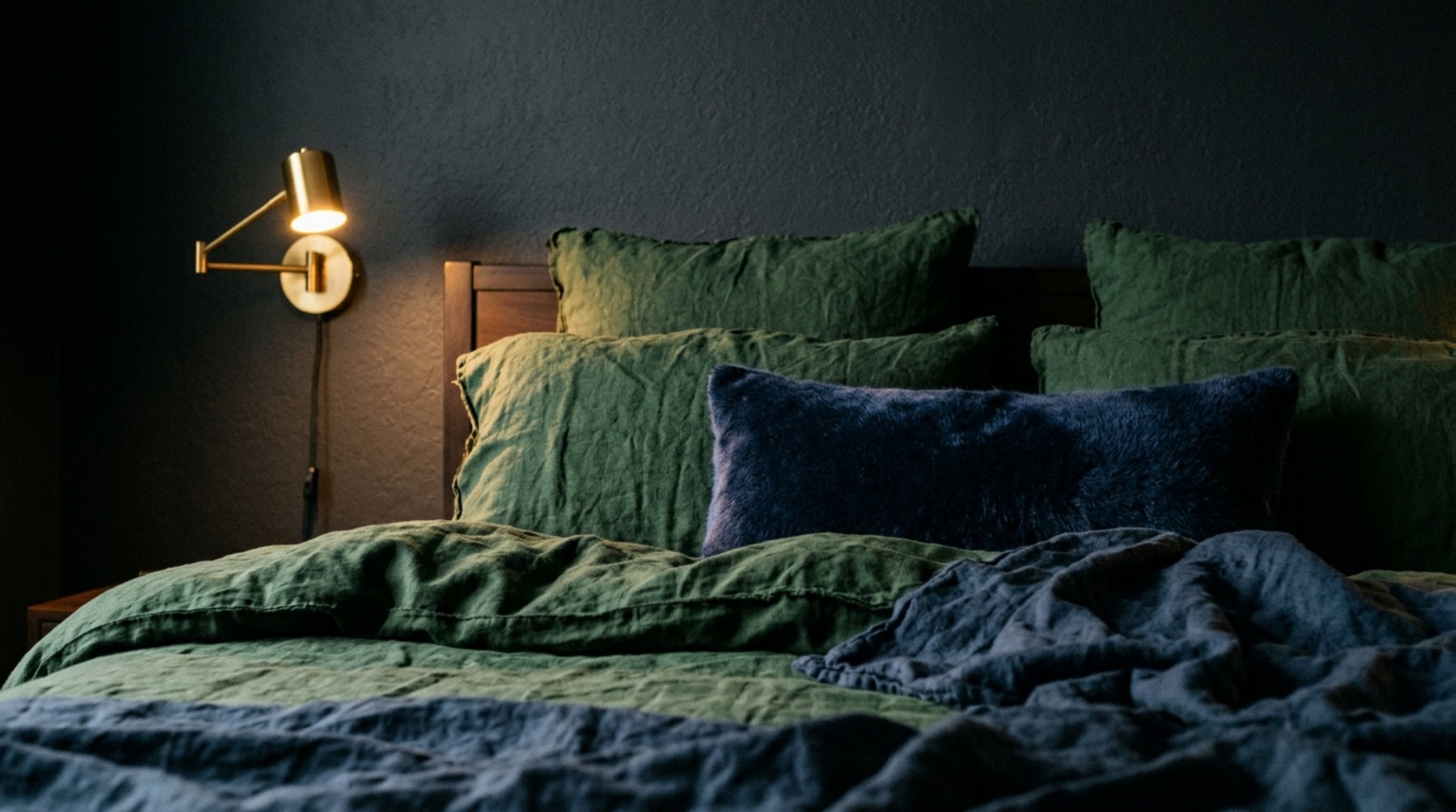 Luxury compact living bedroom detail featuring dark charcoal walls, mohair velvet bedding, and warm 2700K ambient lighting for a sophisticated Dark Academic aesthetic. Luxury compact living bedroom detail featuring dark charcoal walls, mohair velvet bedding, and warm 2700K ambient lighting for a sophisticated Dark Academic aesthetic.