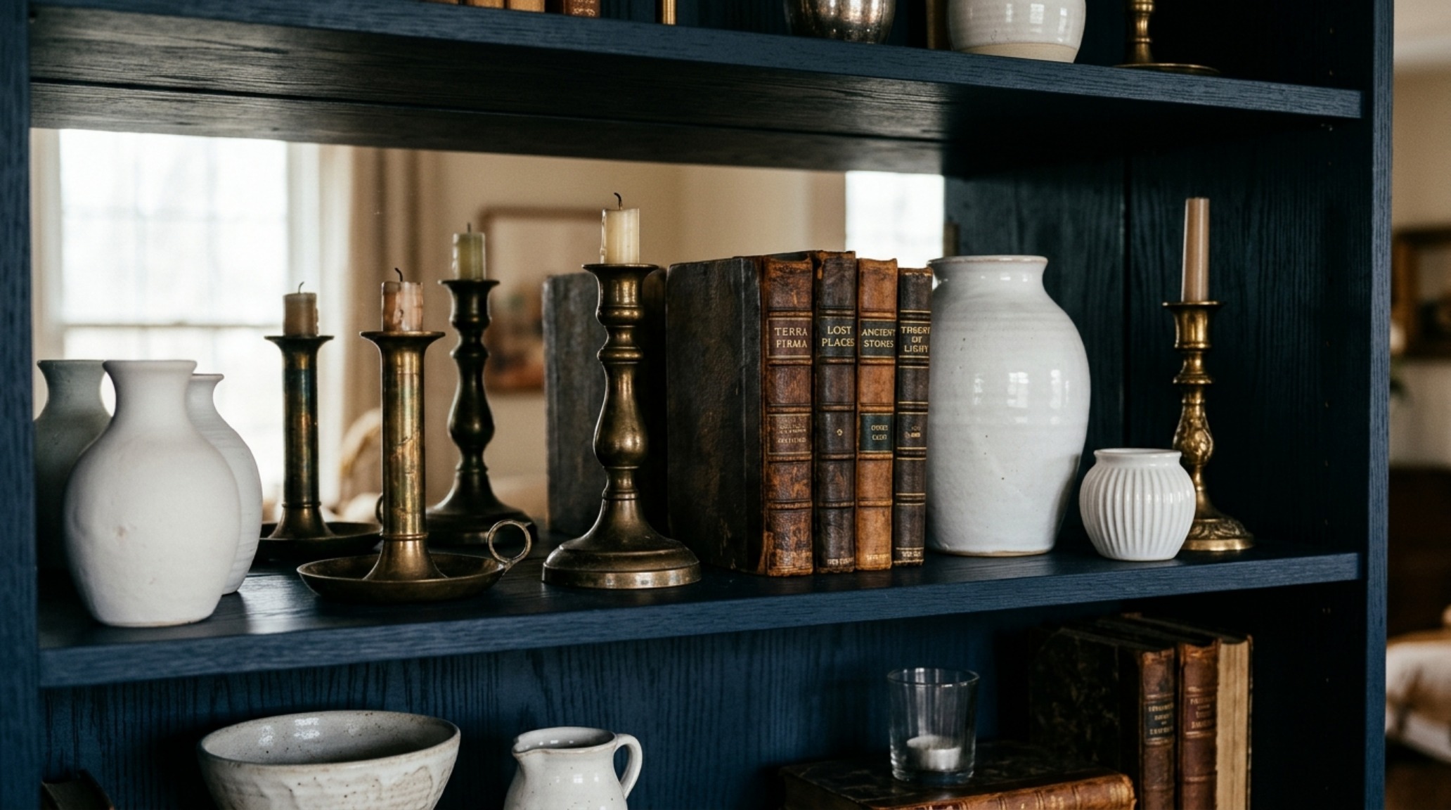 Close-up of Alexander Reid custom bookshelf styling with integrated library ladder, brushed brass hardware, and a collection of curated art objects against a moody blue backdrop. Close-up of Alexander Reid custom bookshelf styling with integrated library ladder, brushed brass hardware, and a collection of curated art objects against a moody blue backdrop.