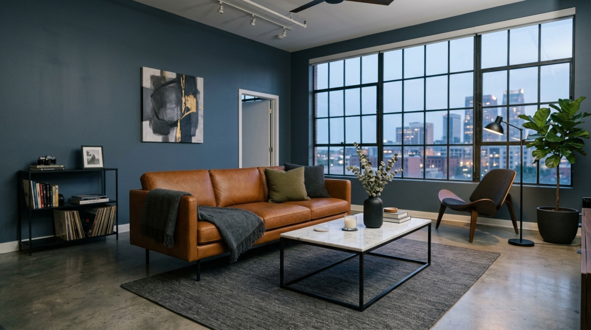 Detailed view of a masculine aesthetic apartment living room featuring a low-profile velvet sofa with slender legs and a 36-inch walkway clearance for optimal flow. Detailed view of a masculine aesthetic apartment living room featuring a low-profile velvet sofa with slender legs and a 36-inch walkway clearance for optimal flow.