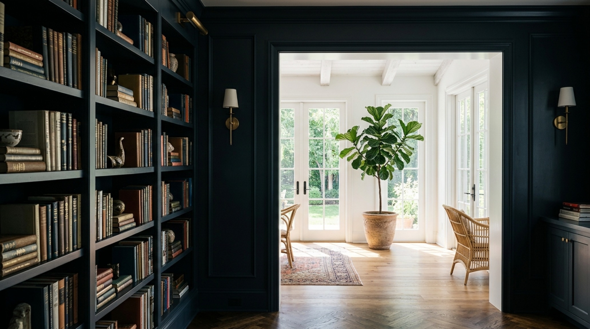 West Village interior design inspiration showing the transition between a dark-painted hallway and a sun-drenched living area with honed travertine side tables. West Village interior design inspiration showing the transition between a dark-painted hallway and a sun-drenched living area with honed travertine side tables.