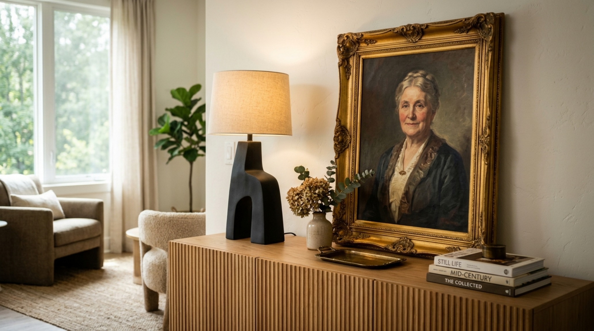 Modern vintage apartment layering featuring a mid-century modern chair paired with a 19th-century oil portrait and fluted oak wall paneling. Modern vintage apartment layering featuring a mid-century modern chair paired with a 19th-century oil portrait and fluted oak wall paneling.
