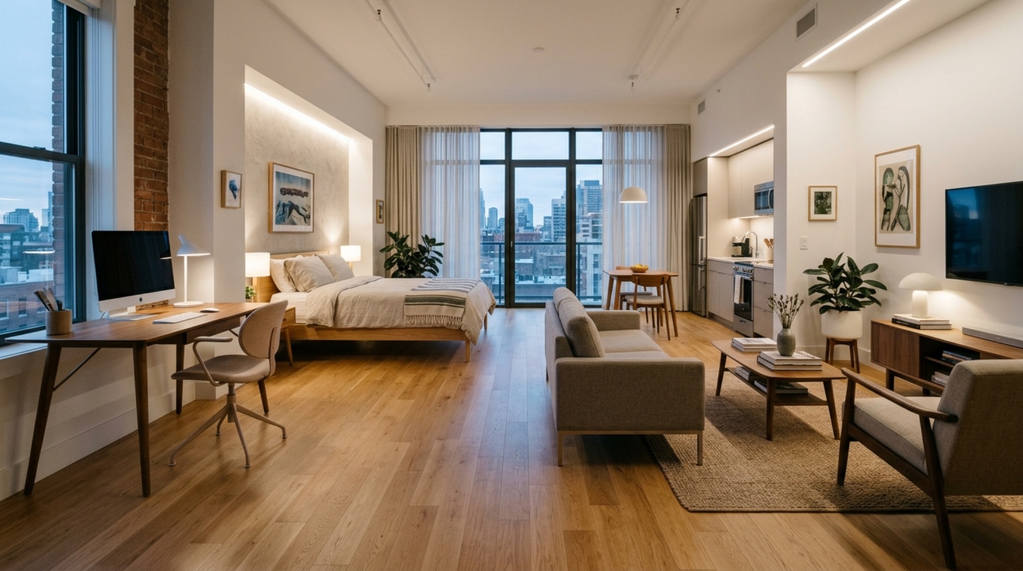 Architectural photography of a compact New York apartment living room showcasing the '18-inch rule' between a custom sofa and a brass-trimmed coffee table. Architectural photography of a compact New York apartment living room showcasing the '18-inch rule' between a custom sofa and a brass-trimmed coffee table.