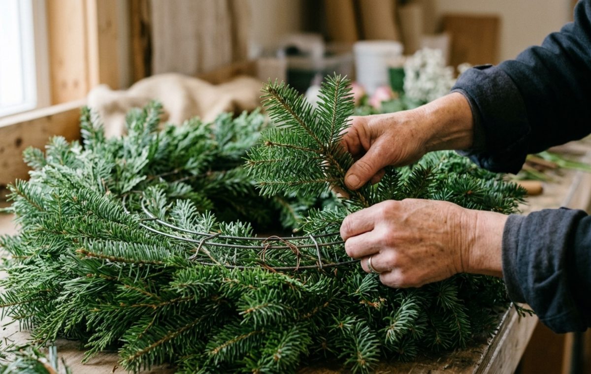 professional wreath fluffing techniques demonstrated on a dense balsam base with hands adjusting tips to create a three-dimensional starburst effect.